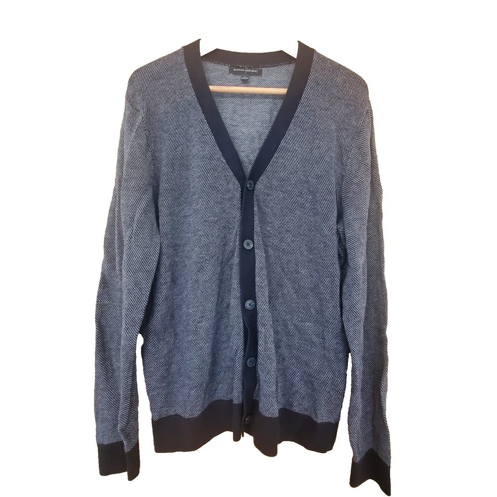 Banana Republic Cardigan Mens Sz L Luxury Blend Button Front Sweater Black Gray